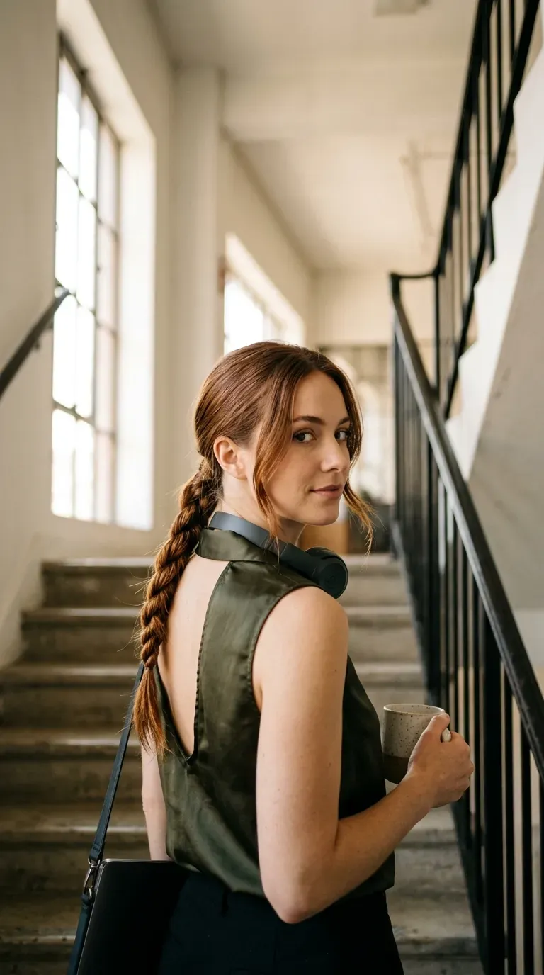 Three quarter back view of a twisted rope braid ponytail in an office stairwell