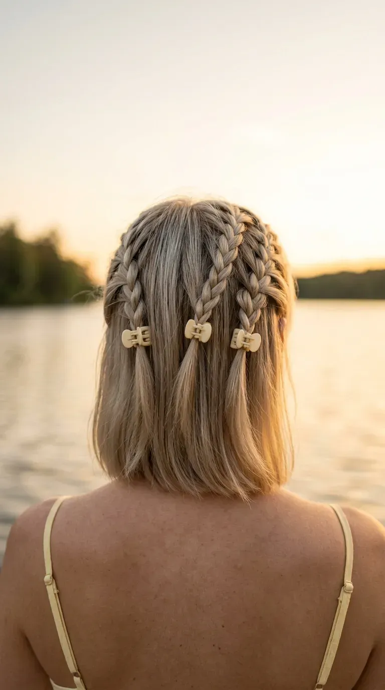 Three thin rope braids running sideways across the top of a blonde bob
