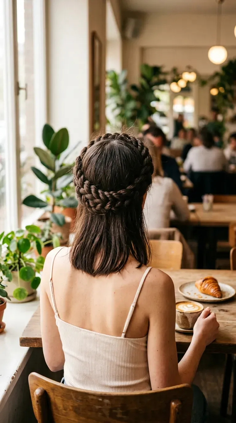 Back view of a rope twist crown on fine hair beside a cafe window