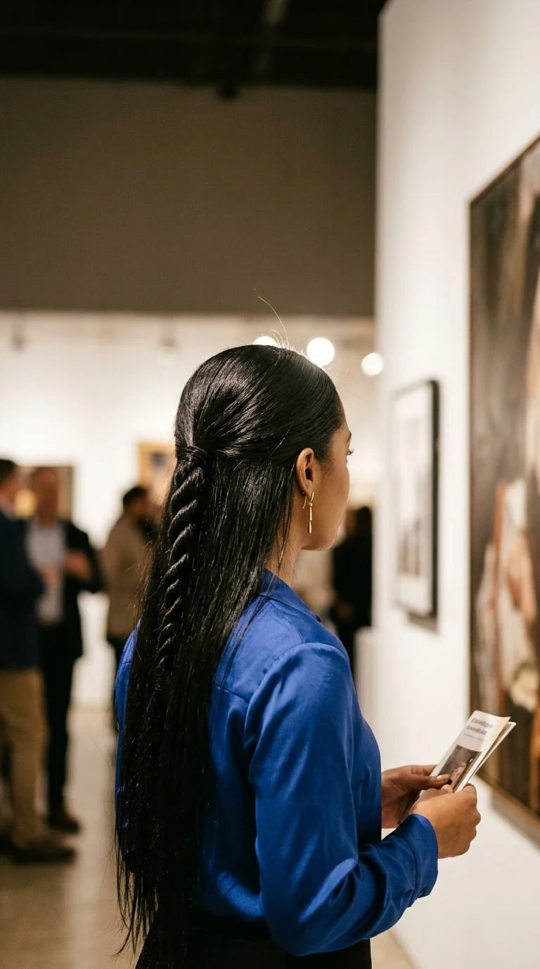 Three quarter back view of a thick two strand rope twist hanging from a half up section over long straight hair