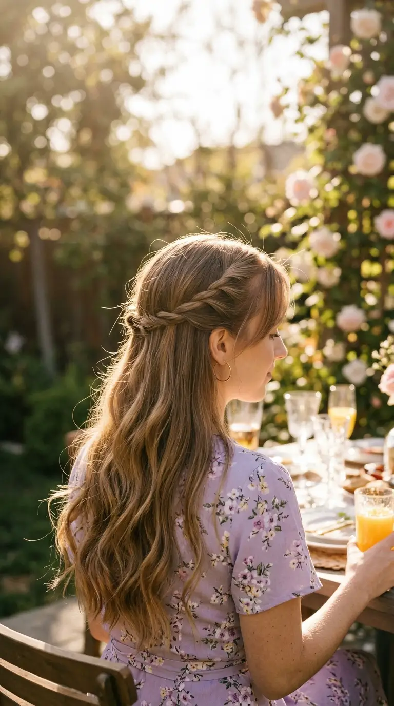 Three quarter back view of two rope twists meeting at the back of the head above long thin wavy hair