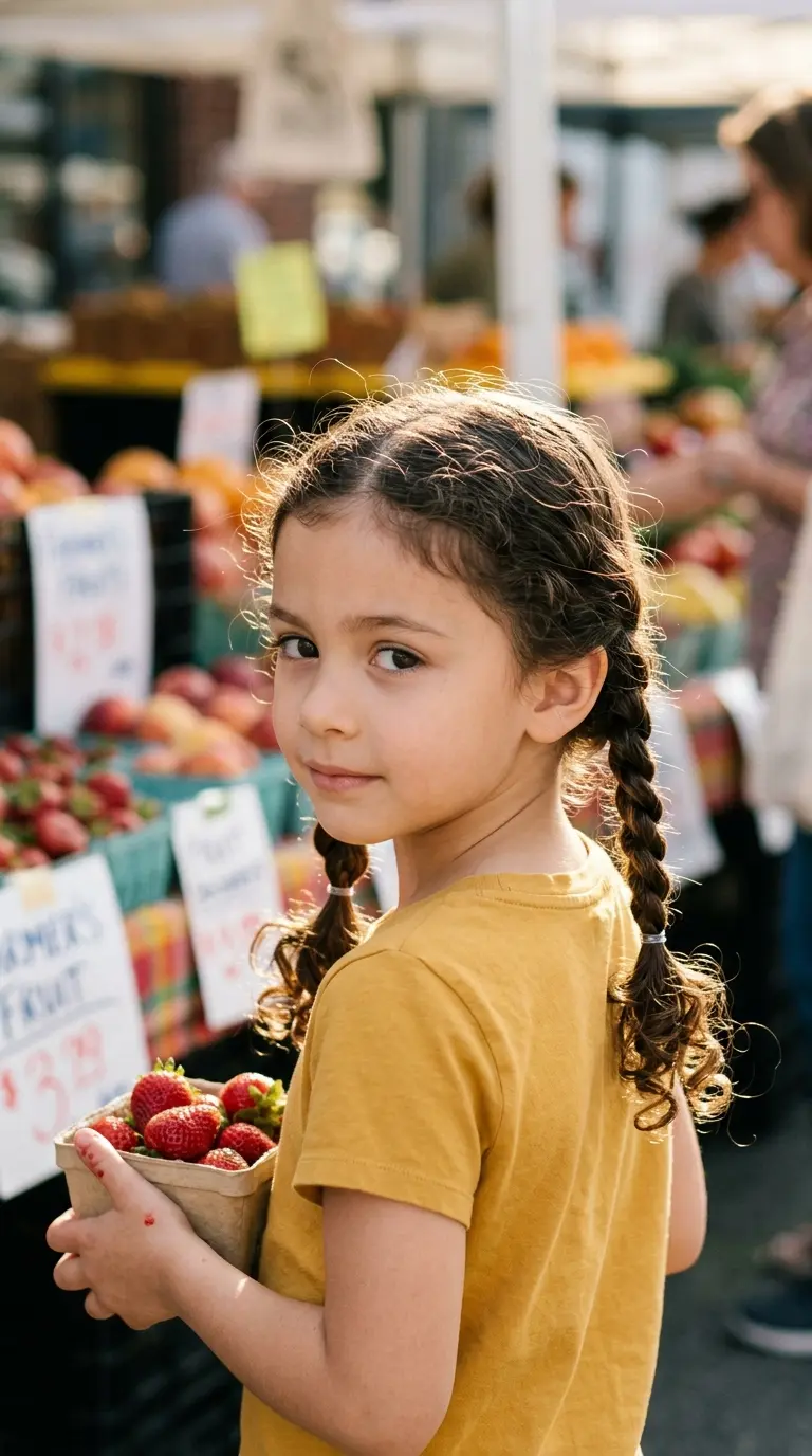 Over the shoulder view of a girl with two rope twist pigtails in curly hair at a farmers market