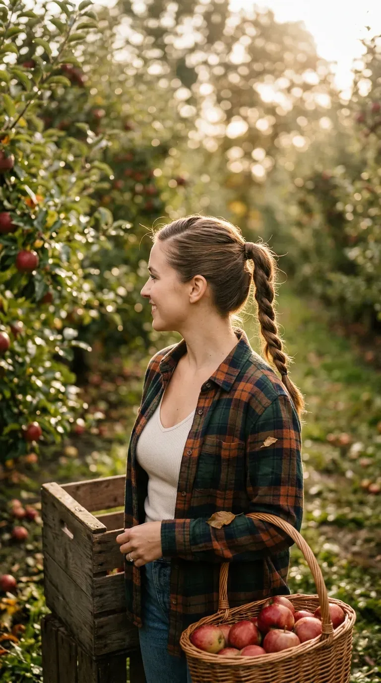 Three quarter view of a rope twist ponytail among apple trees in an orchard