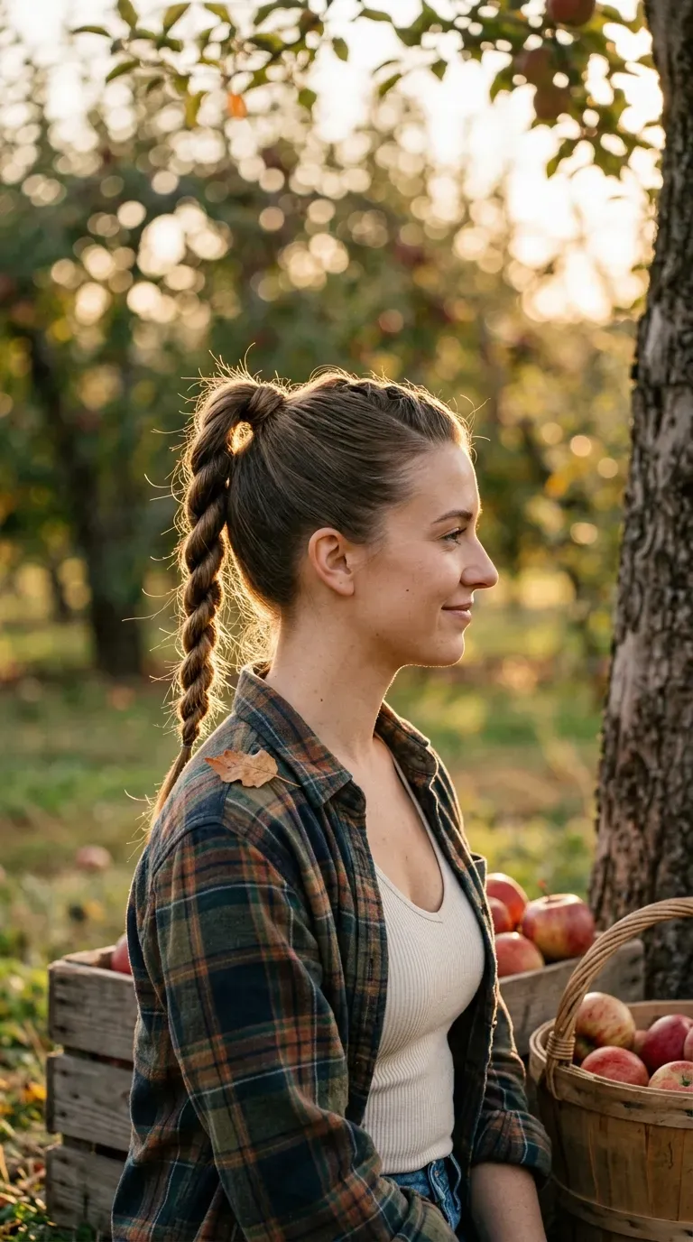 Side profile of a rope twist ponytail among apple trees in an orchard