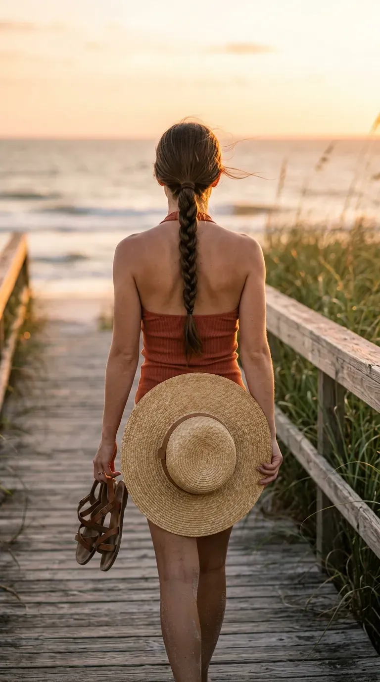 Dark brown rope twist ponytail seen from behind on a beach boardwalk at sunset
