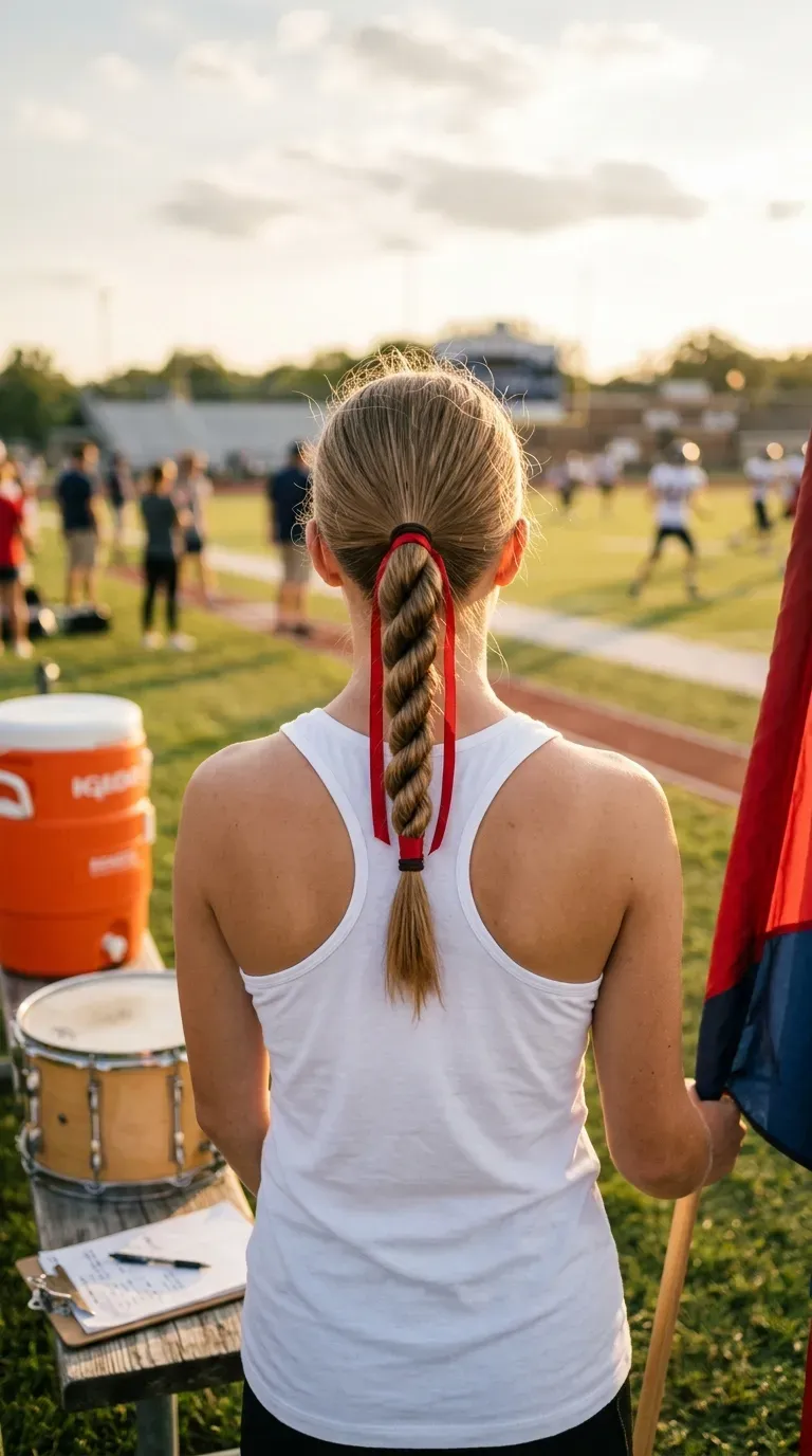 High rope twist ponytail with a ribbon wrapped around the base