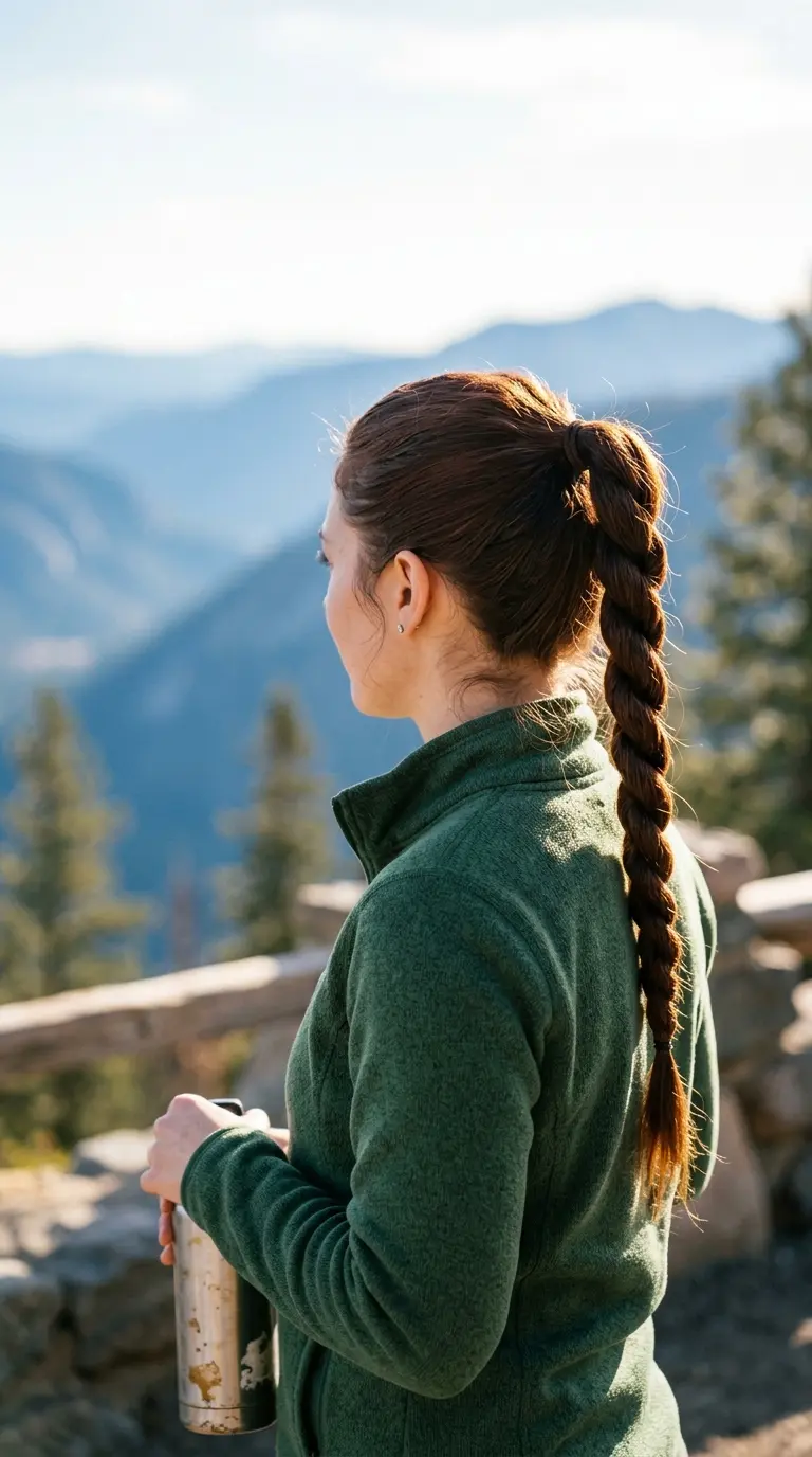 Side back view of a long rope twist ponytail made from two twisted strands on long dark auburn hair