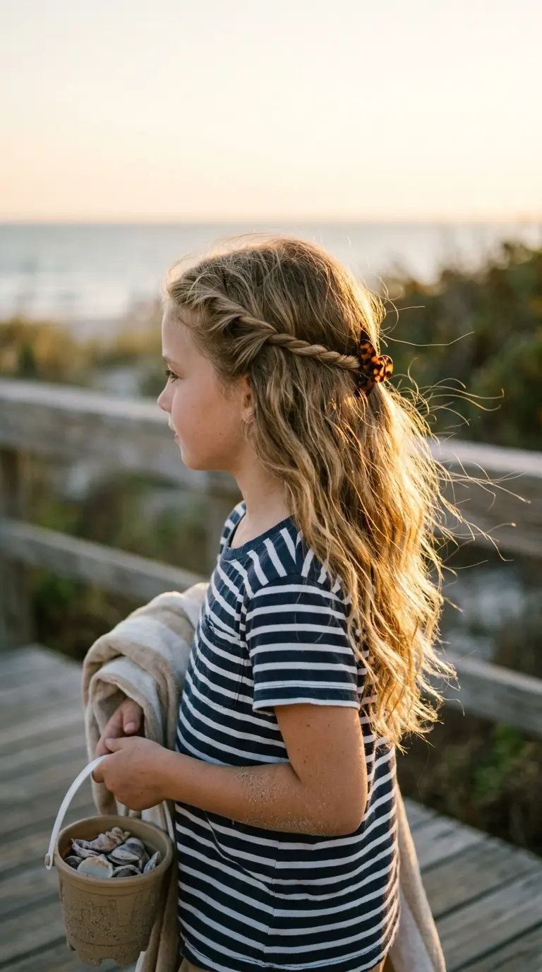 Side profile of a girl with rope twists pinned back on a beach boardwalk