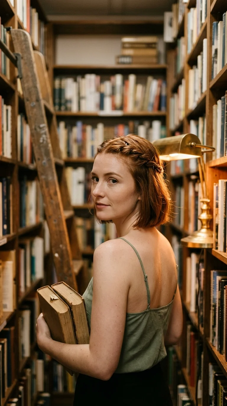 Over the shoulder view of an auburn bob with rope twists pinned at the crown