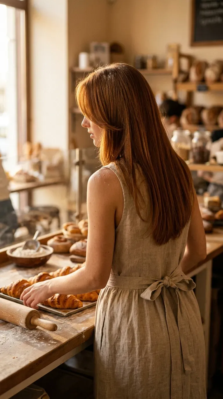 Auburn long hair with face framing starting below the chin in a sunny bakery