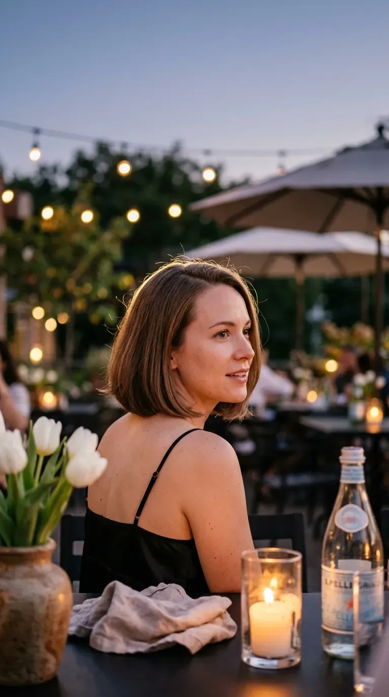 Three quarter view of a rounded bob that just touches the shoulders at dinner