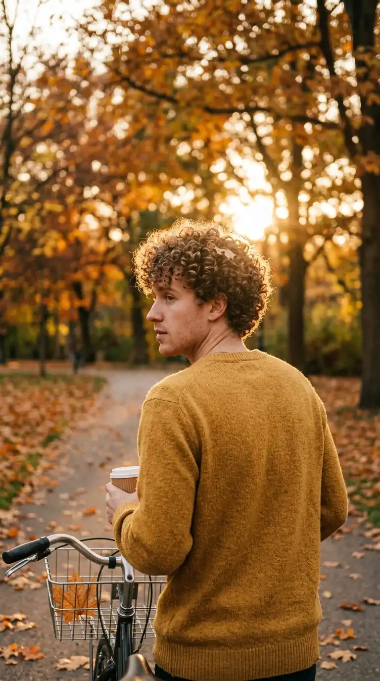Over the shoulder view of a rounded curly fro in an autumn park