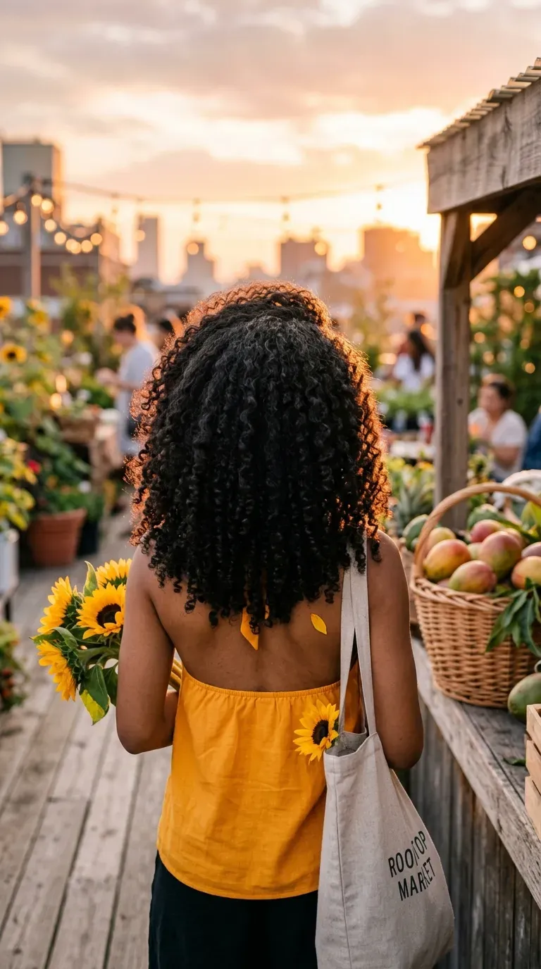 Long coily black hair with rounded layers and full shape at rooftop market