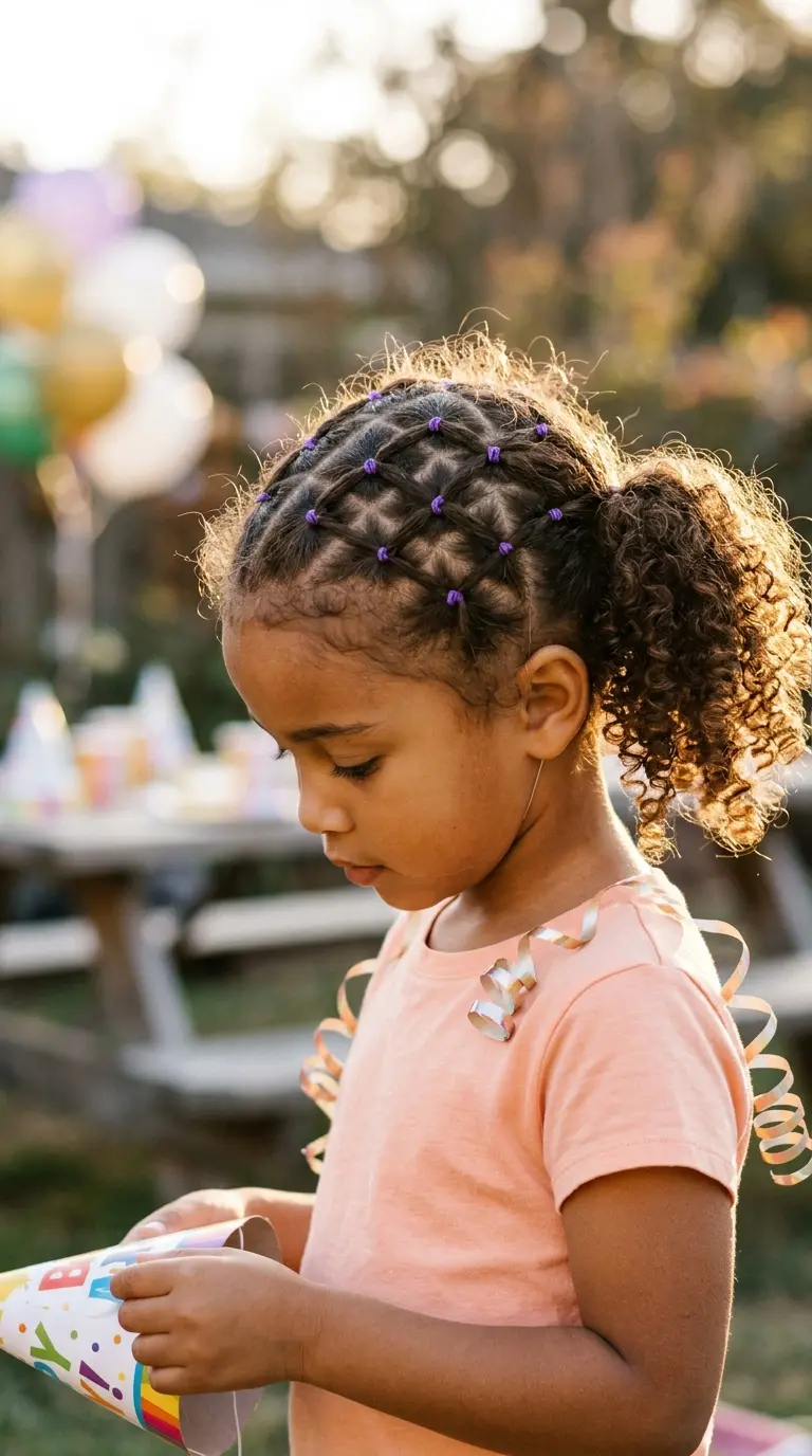Three quarter front view of a mixed girl with a rubber band grid style leading into two curly ponytails