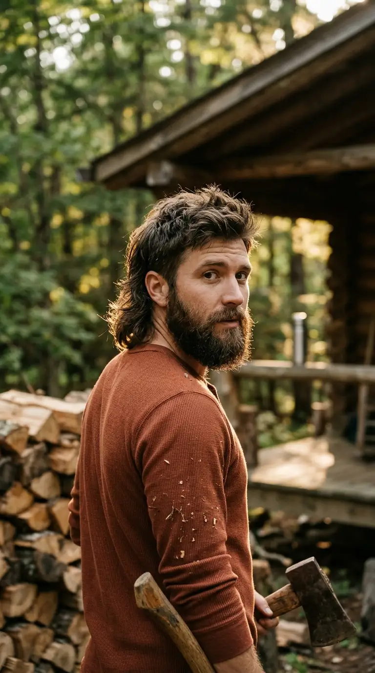 Over the shoulder view of a rugged mullet blended into a full beard