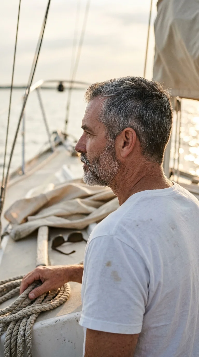 Three quarter back view of a close trimmed salt and pepper beard on a sailboat
