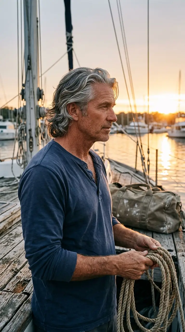 Three quarter front view of salt and pepper shoulder length waves on a dock