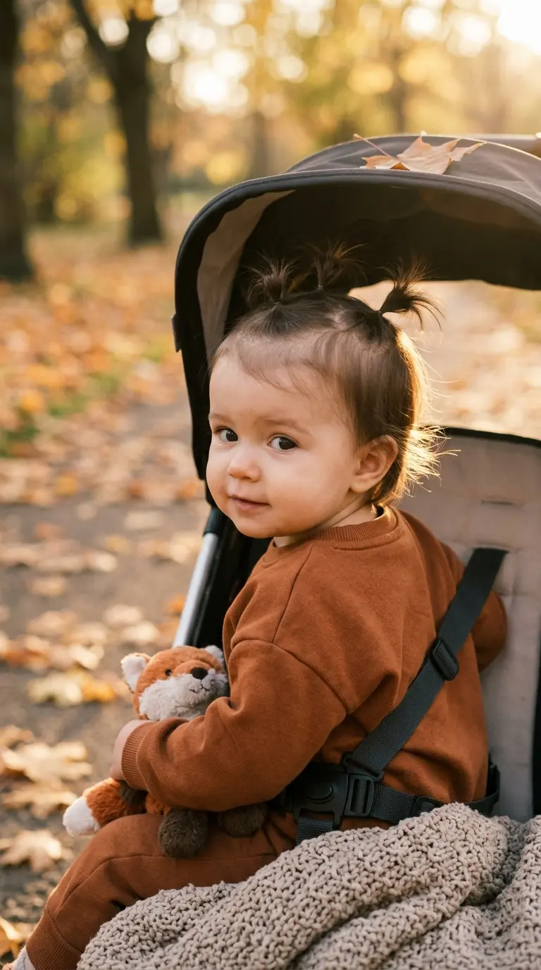 Over the shoulder view of a baby girl hairstyle with a short satin ribbon sprout