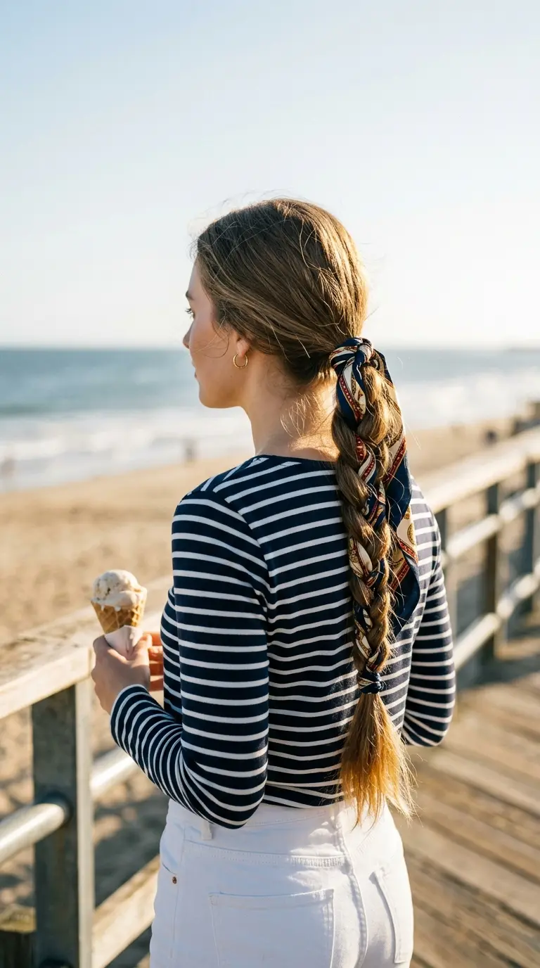 Back view of a silk scarf woven into a long braided ponytail on light brown hair
