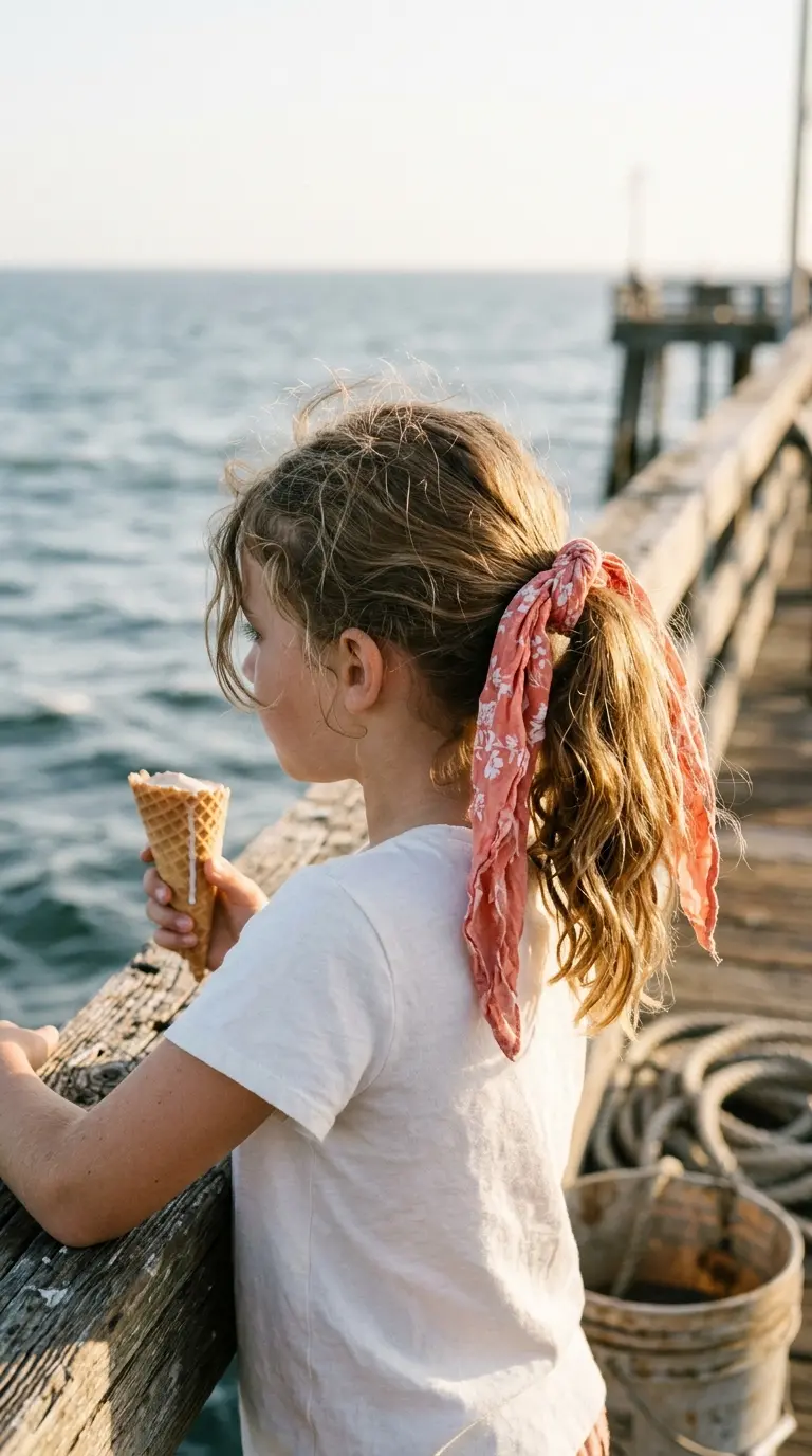 Three quarter back view of a scarf tied ponytail on a girl at a pier