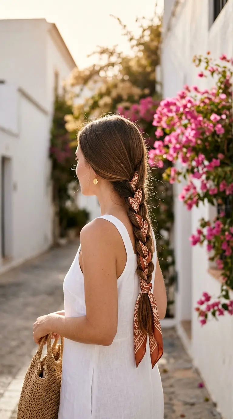 Side back view of a long three strand braid with a silk scarf woven through on long medium brown hair