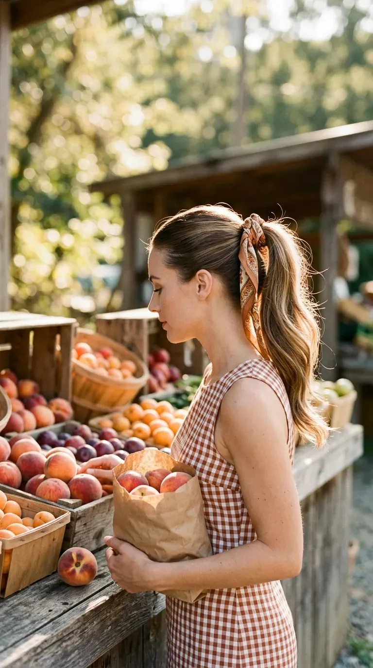 Side profile of a high ponytail wrapped with a silk scarf at the base