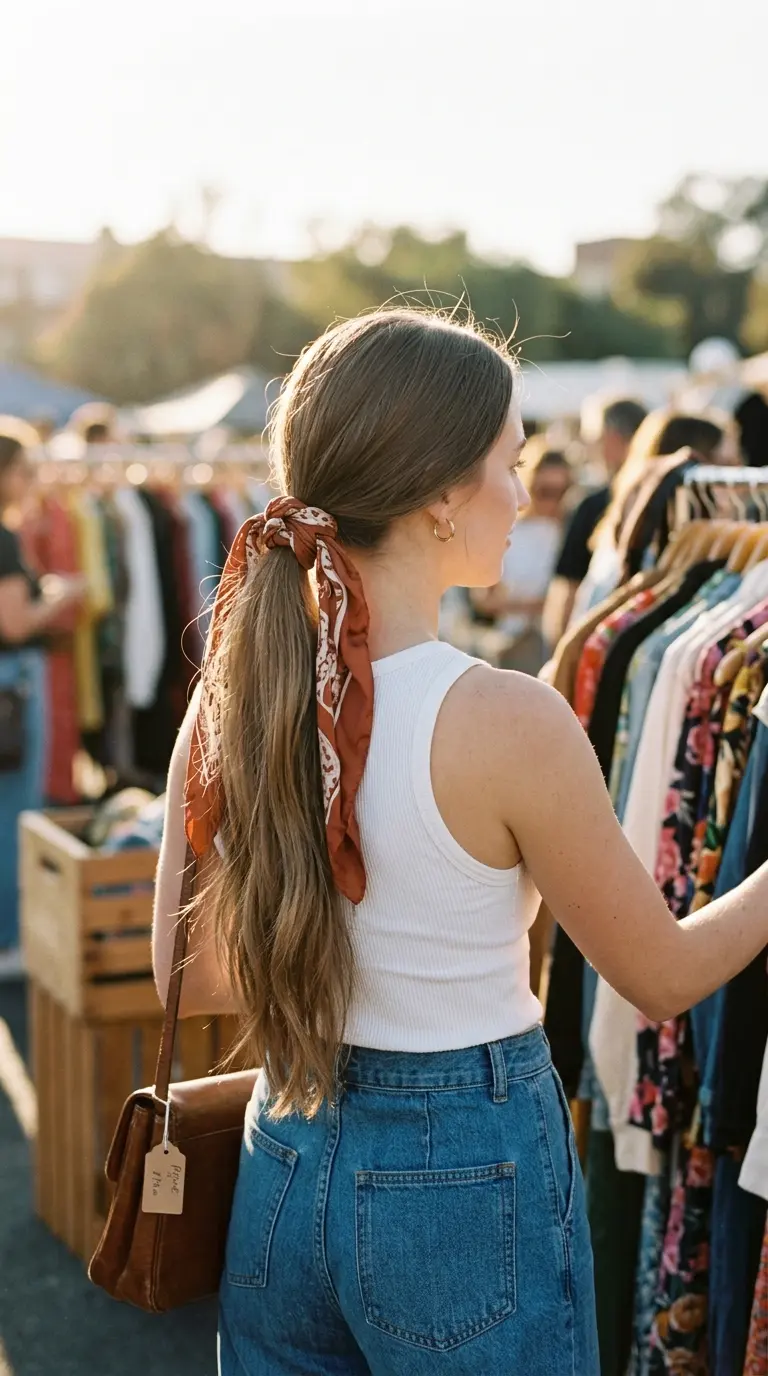 Back view of a mid ponytail with a printed silk scarf tied at the base and the scarf ends hanging along long thin hair