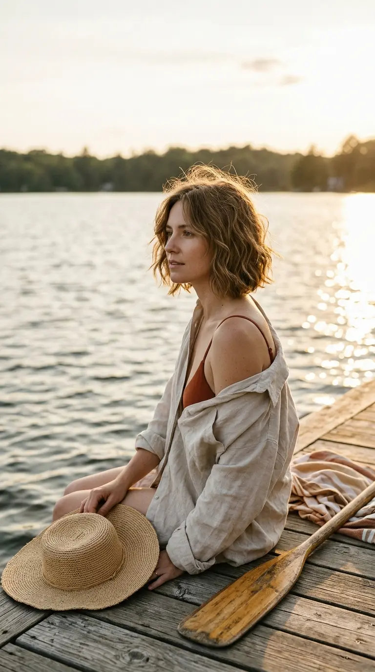 Three quarter view of light brown scrunched wavy jaw length hair on a lake dock
