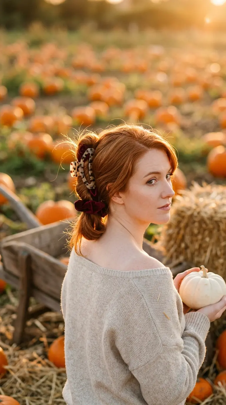 Over the shoulder view of a copper twist clipped over a velvet scrunchie