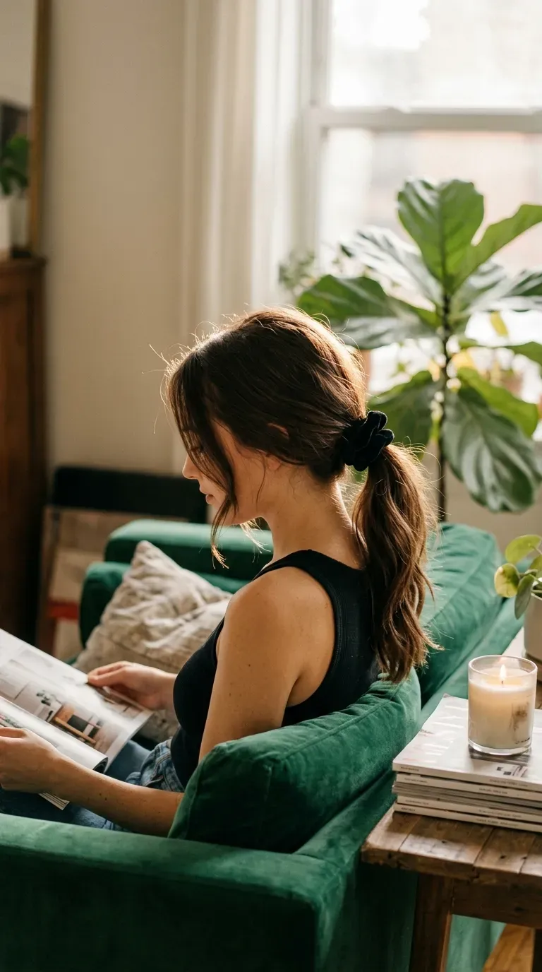Three quarter view of a slouchy low ponytail held by a velvet scrunchie