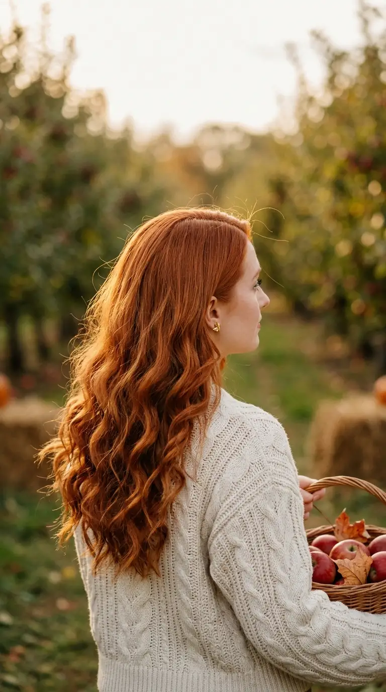 Side back view of loose wavy curls made by wrapping hair around a large scrunchie on long copper red hair