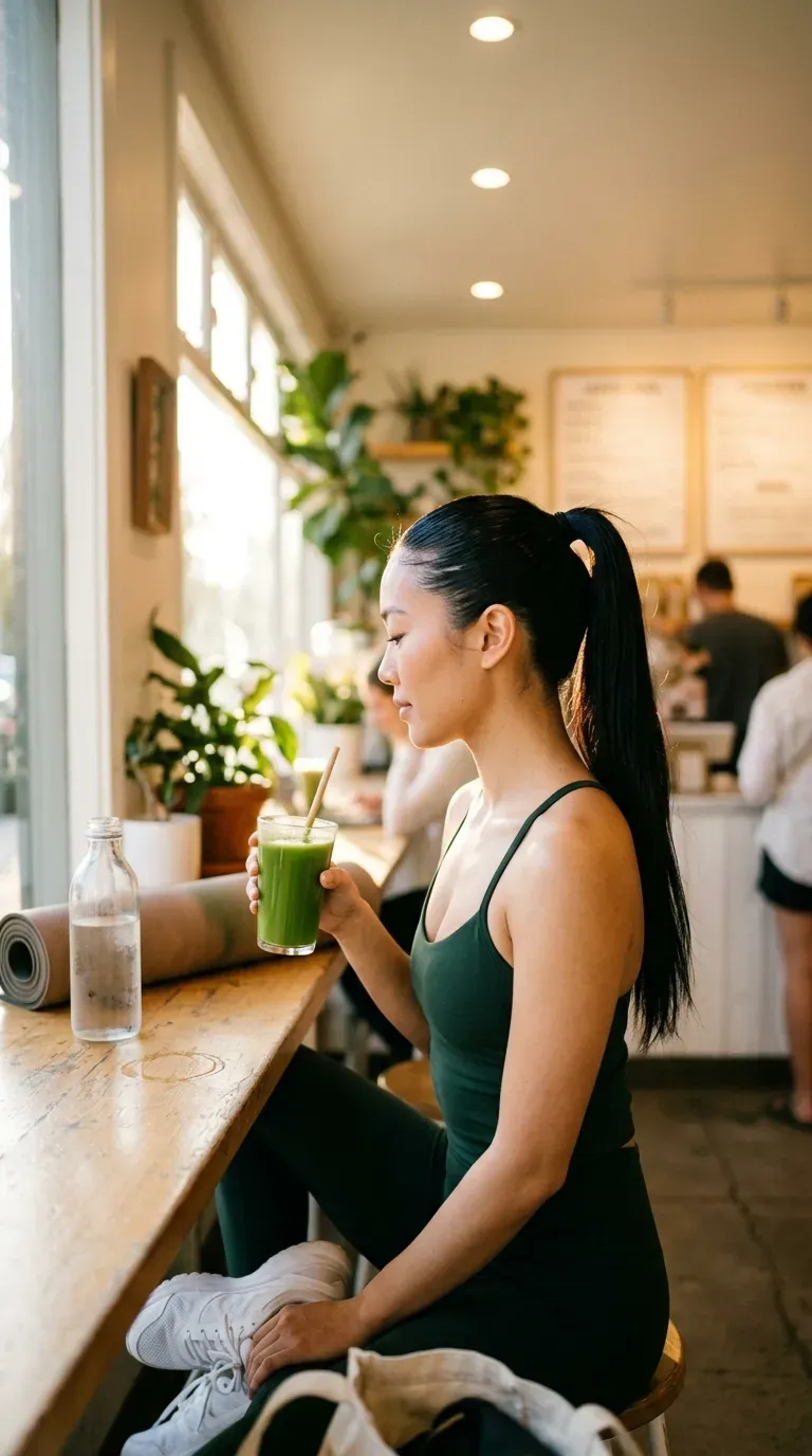 Second day hairstyles bubble ponytail seen in three quarter back view on a staircase