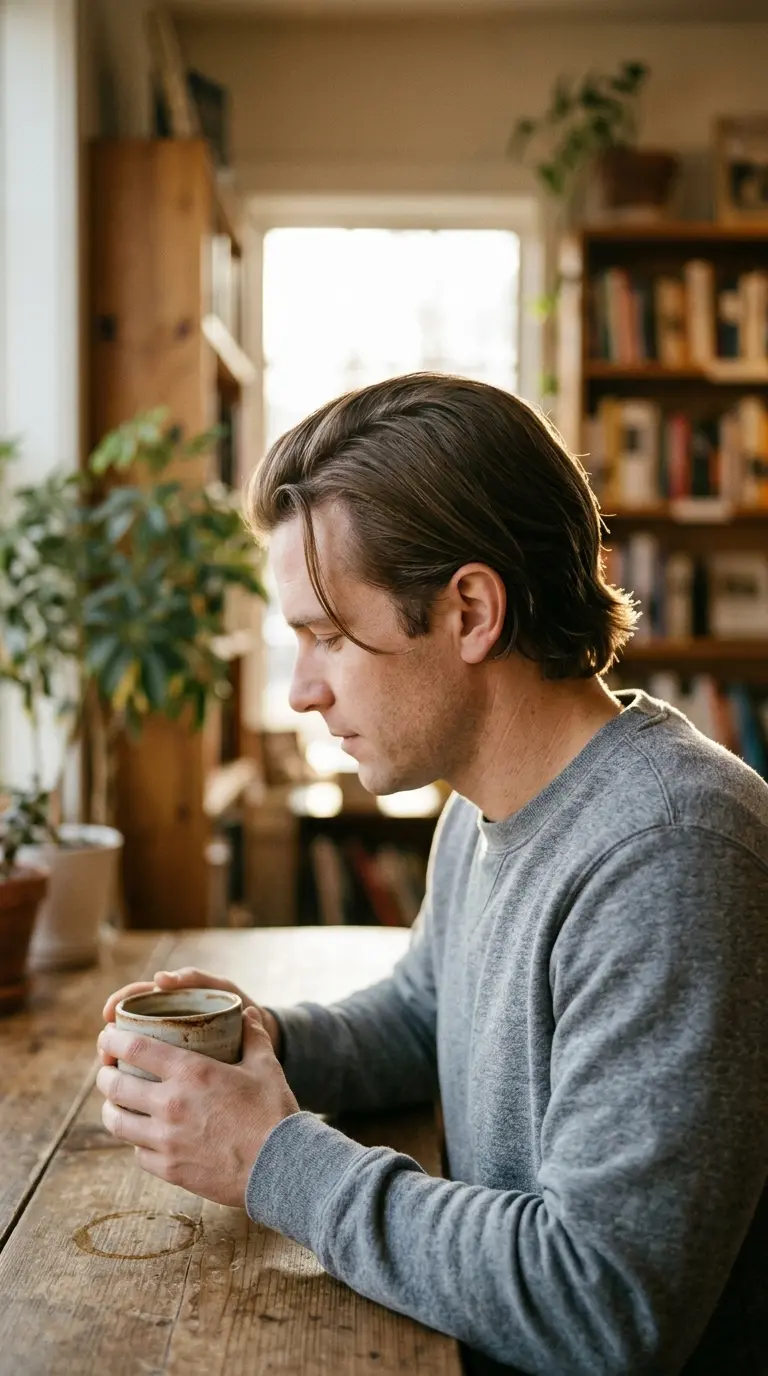 Over the shoulder view of a man with a shaggy layered medium length cut