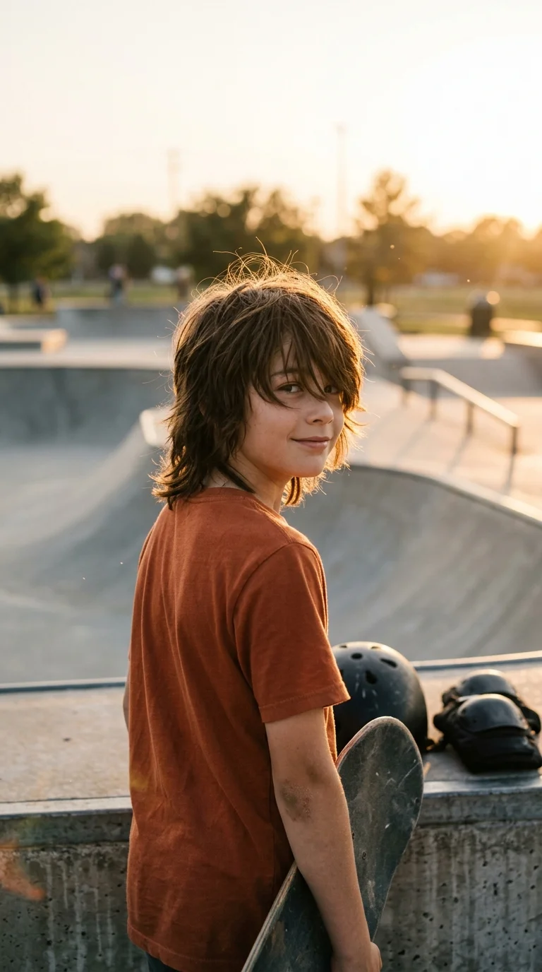 Over the shoulder view of a boy with long shaggy layers and choppy ends