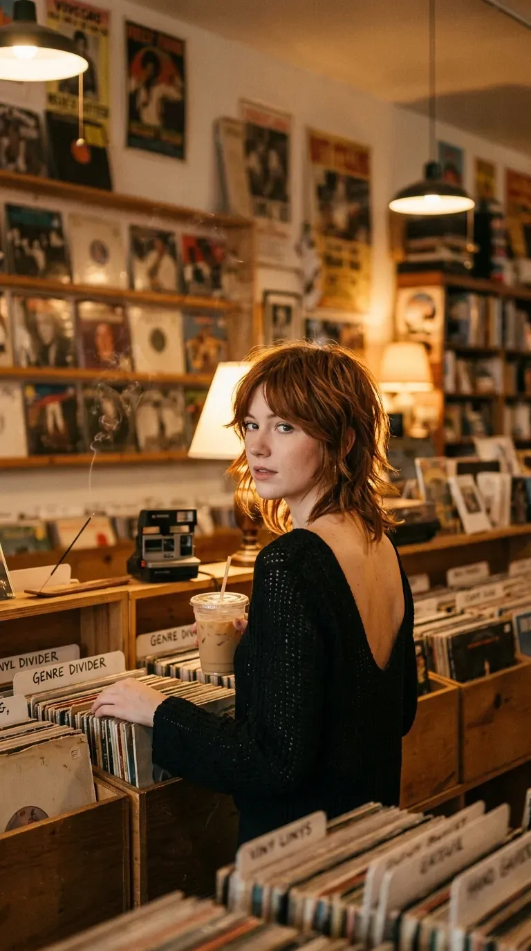 Over the shoulder look back at a choppy auburn shag in a record shop