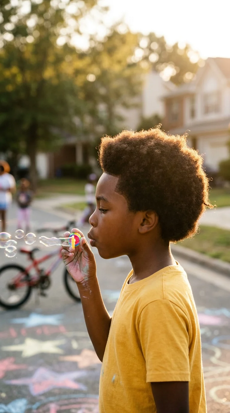 Side profile of a boy with a big shaped round afro at a block party