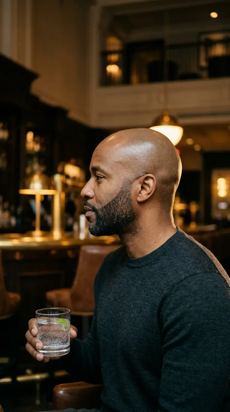 Side profile of a Black man with a clean shaved head and a sculpted beard