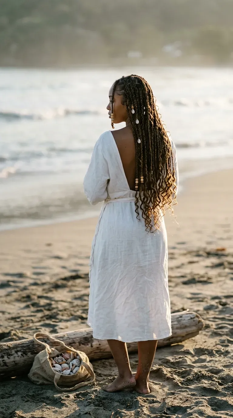 Three quarter back view of boho knotless braids with shells and wooden beads on sand