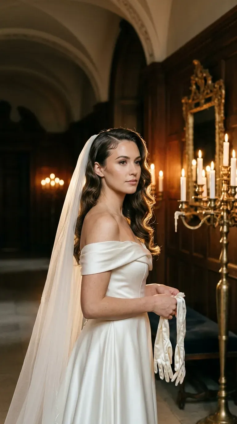 Three quarter back view of a short bob with a long cathedral veil