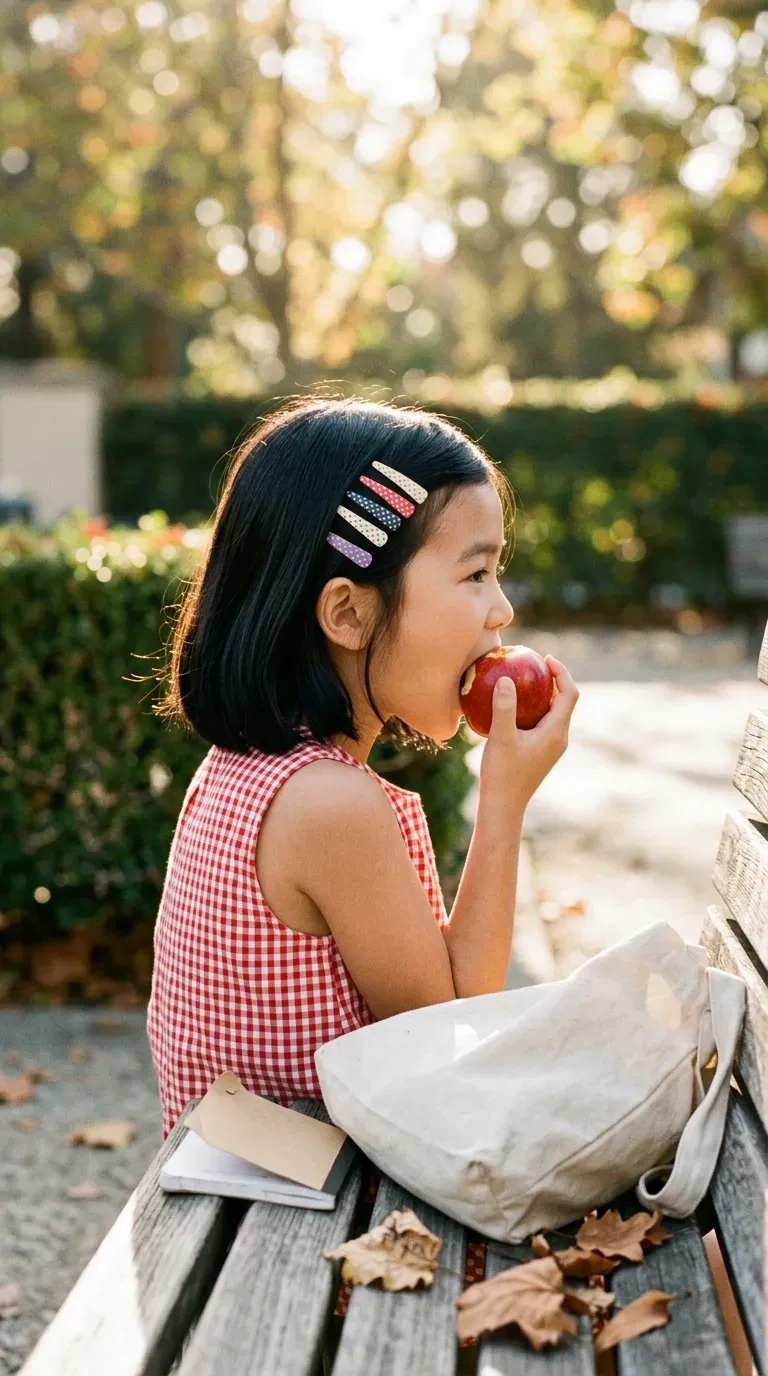 Side profile of a chin length bob with dotted barrettes on a bench