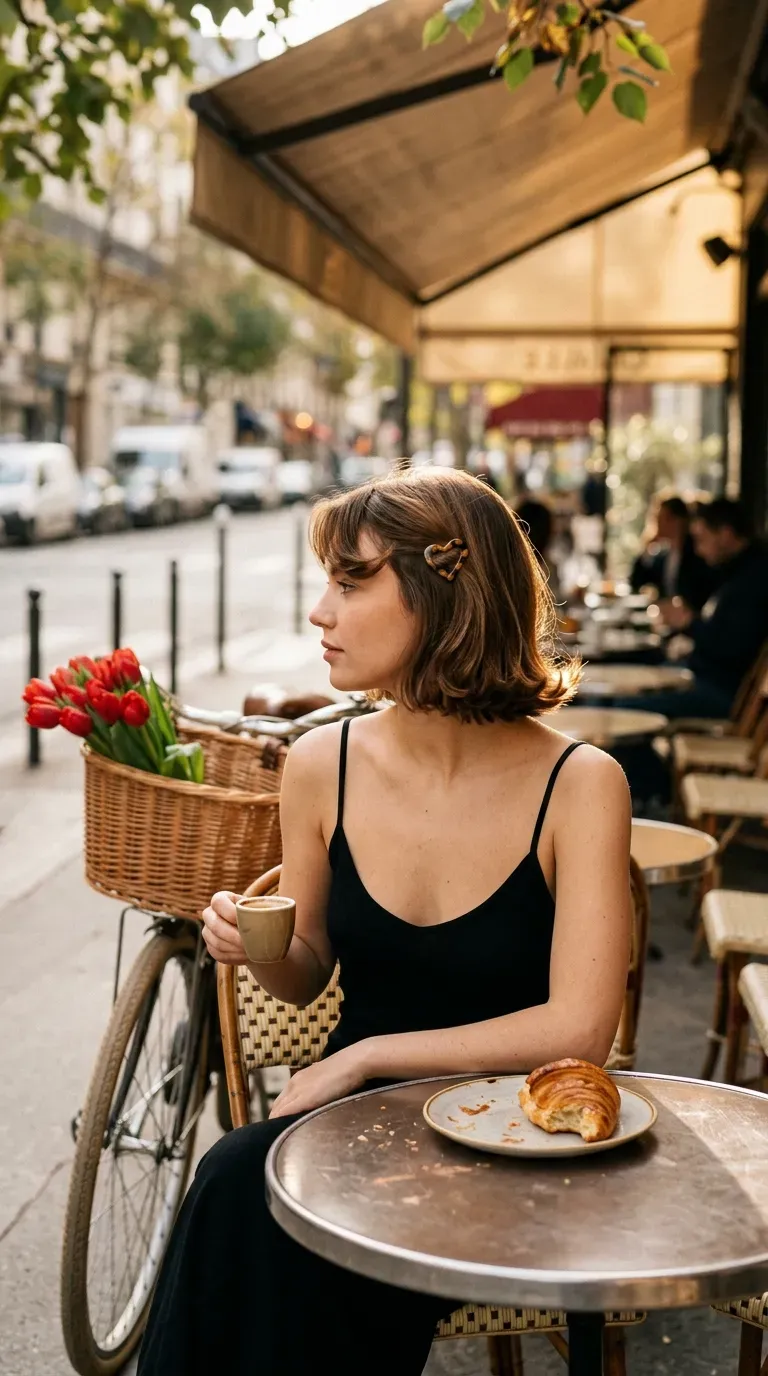Three quarter view of a short bob with soft flip curls and heart barrette