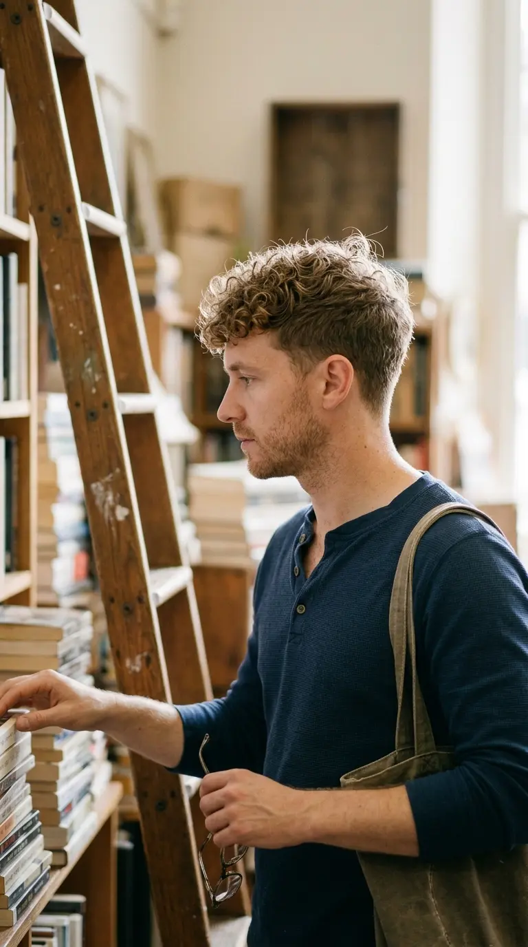 Side profile view of a man with a short curly crop and soft fringe