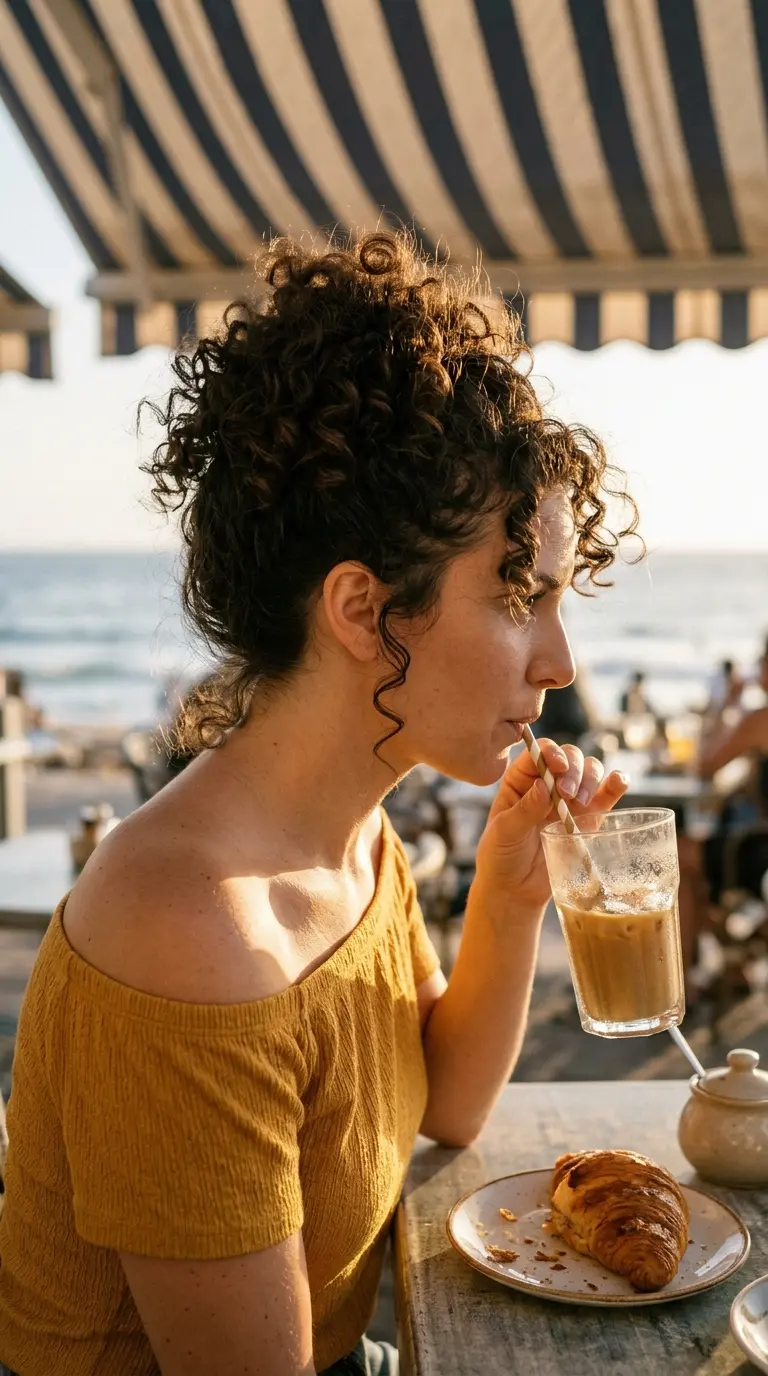 Side profile of a short curly layered cut with lift at the crown