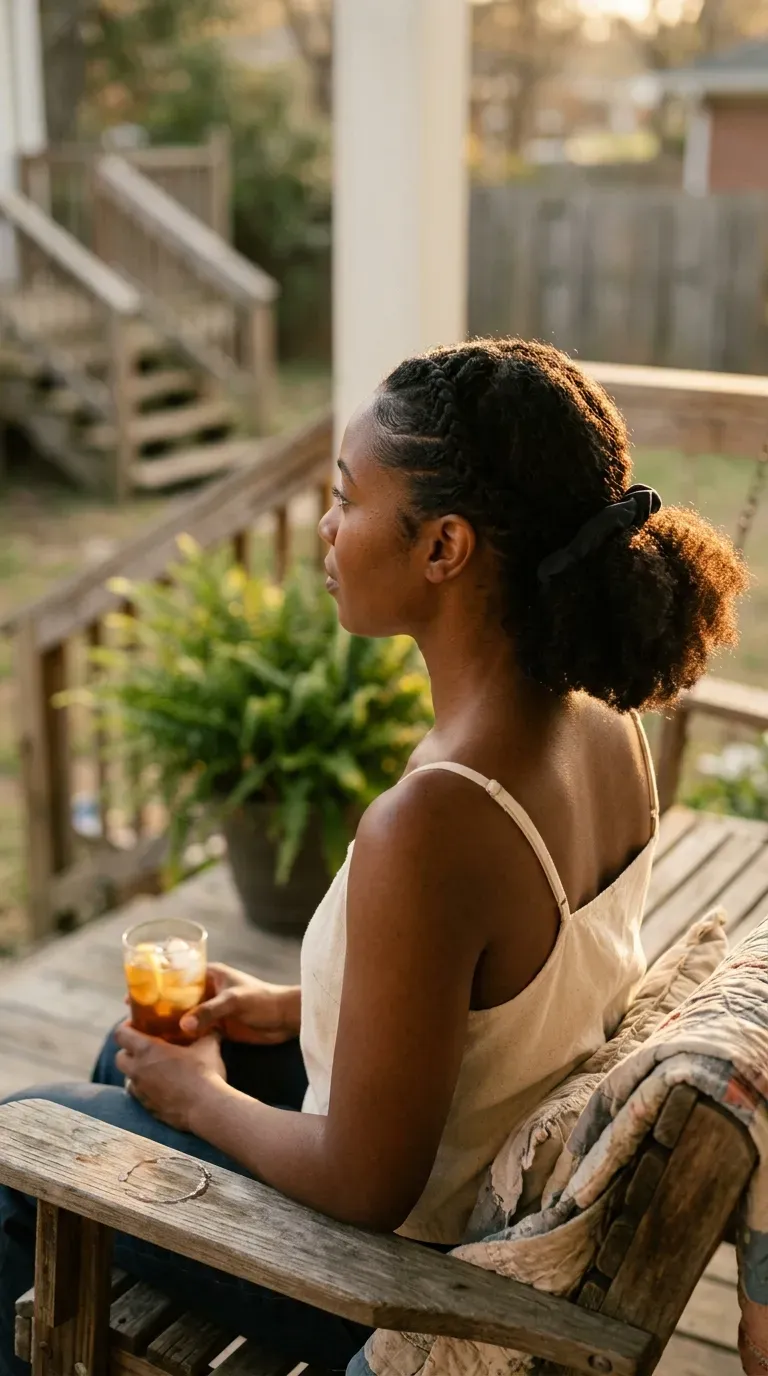 Side profile of a short auburn cut held back with a ribbed headband