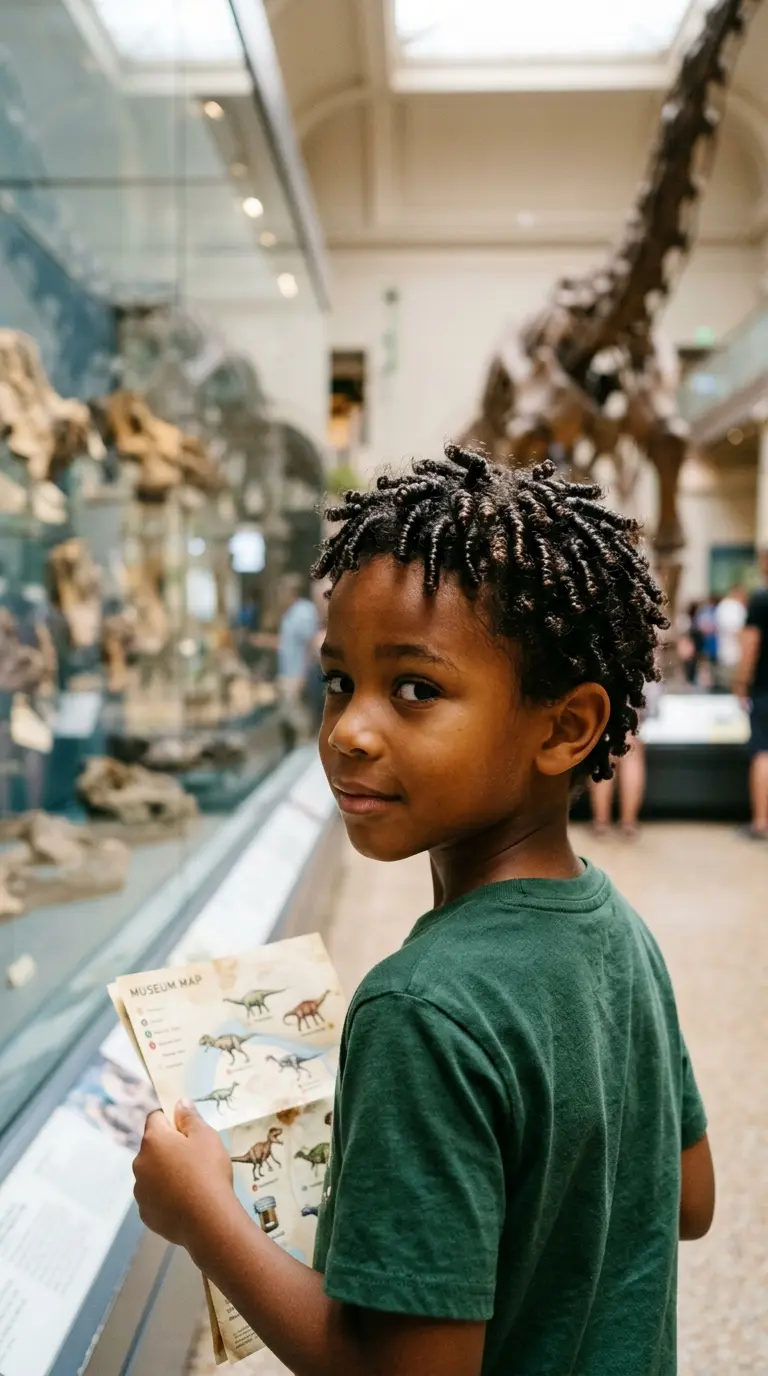 Over the shoulder view of a mixed boy with short defined finger coils all over his head at a science museum