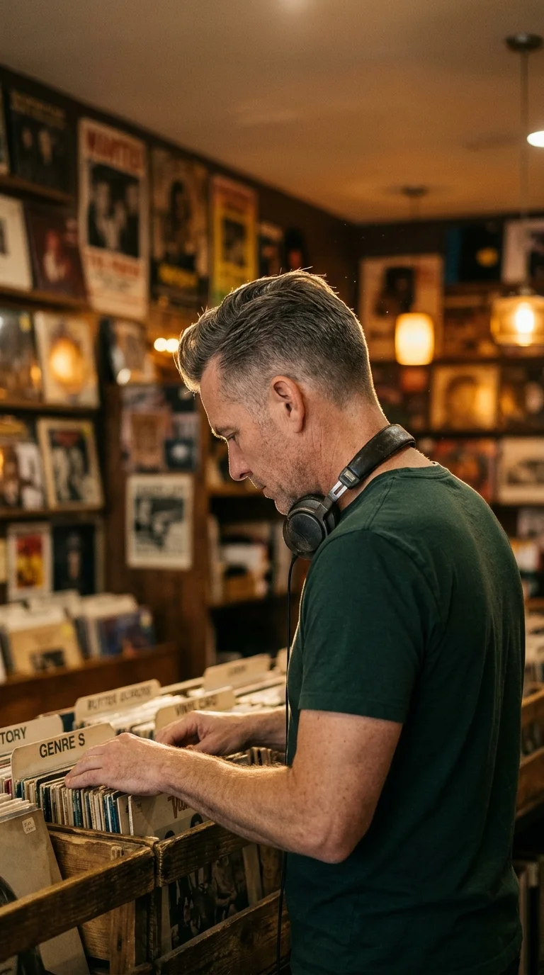 Three quarter view of a short brushed up grey quiff in a record shop