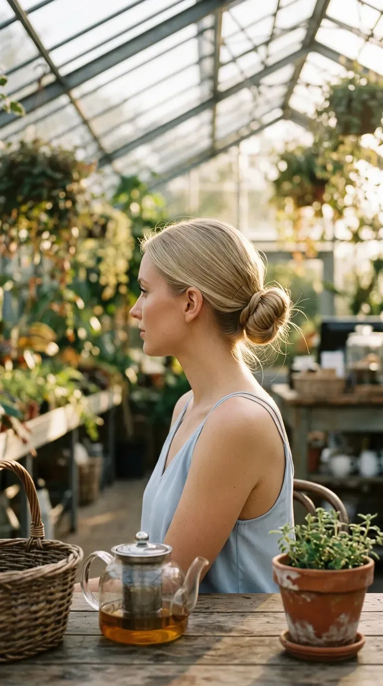 Three quarter view of a mini low bun on short hair at a cafe window