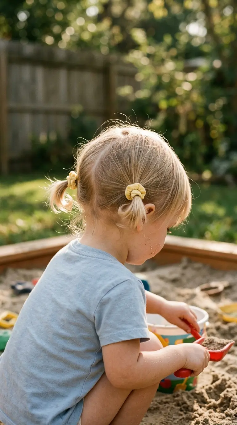 Three quarter back view of a toddler girl with two tiny pigtails in chin length bob hair