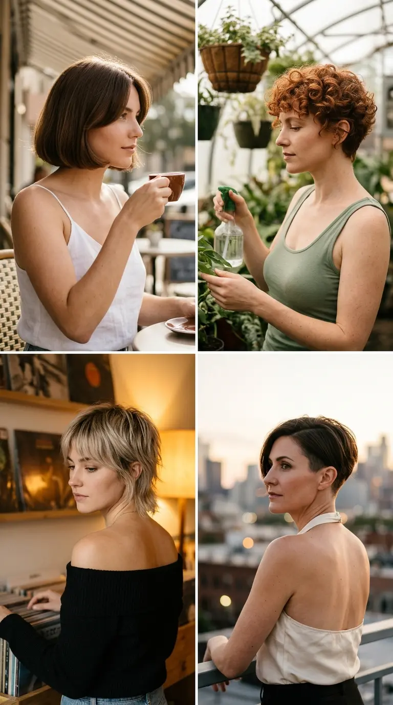 Four photo collage of short haircuts for women shown from front and back angles
