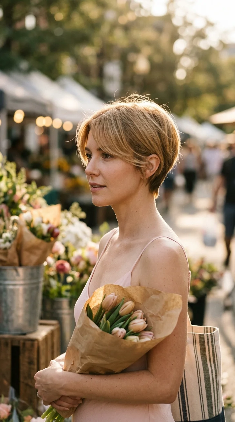 Three quarter front view of a soft blonde pixie with long side swept bangs